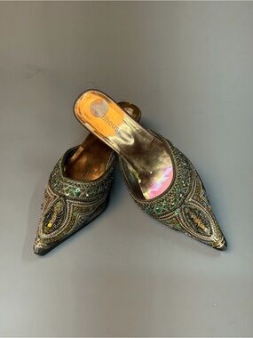 Dollhouse Gold Beaded Pointed-Toe Slip-On Heels